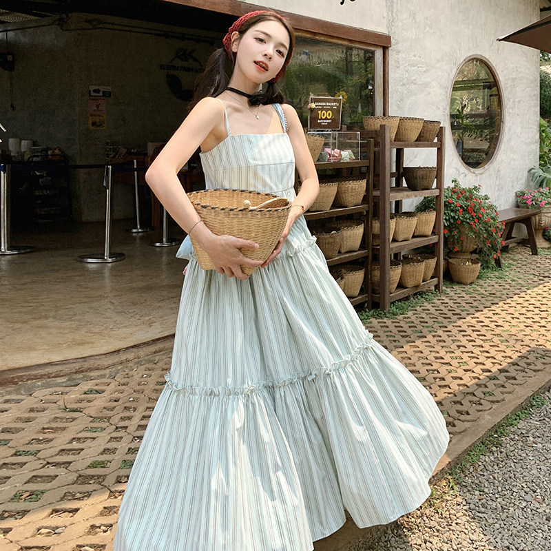 主推【大货】蓝色条纹吊带长裙H1112-P110-K168,女装连衣裙,2C110