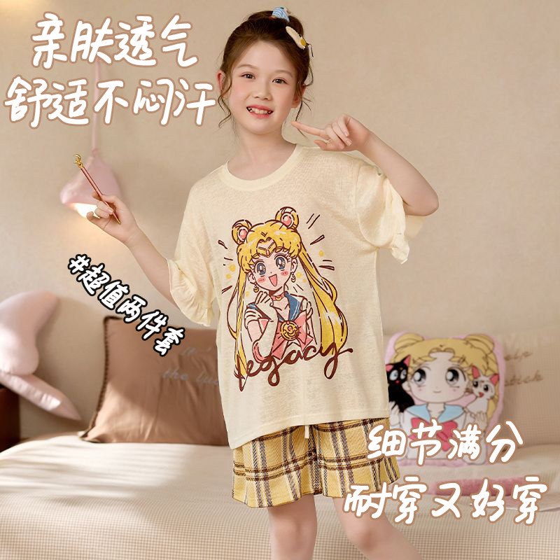 女童莱赛尔棉夏季短袖家居服套装