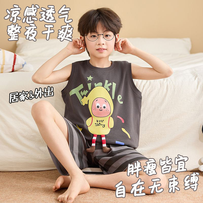 夏季纯棉卡通家居服男童无袖背心套装薄款可外穿青少年睡衣