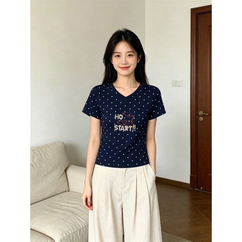 正肩藏蓝色短袖女生T恤V领