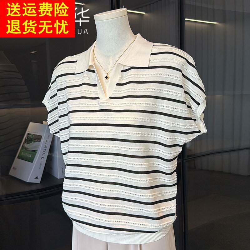 时尚妈妈夏装条纹小衫冰丝上衣新款中老年女装短袖T恤母亲节衣服
