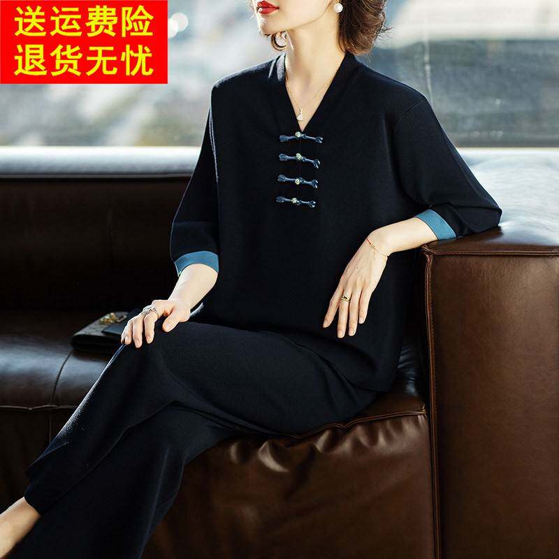 妈妈新中式国风两件套洋气时尚中老年新款休闲套装女春秋大码夏季