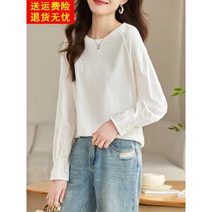 2025新秋季服装纯棉白色t恤休闲小众套头衫别致褶皱长袖圆领上衣