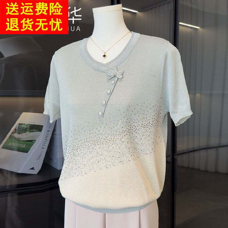 中年妈妈夏装短袖针织小衫洋派冰丝T恤中老年人女装母亲节上衣服