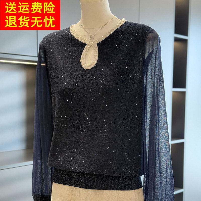 时尚洋气妈妈装雪纺拼接针织衫女秋装新款上衣气质百搭中老年小衫