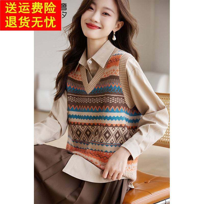 复古提花v领针织马甲女秋冬外穿2025新款超好看叠穿宽松毛衣背心