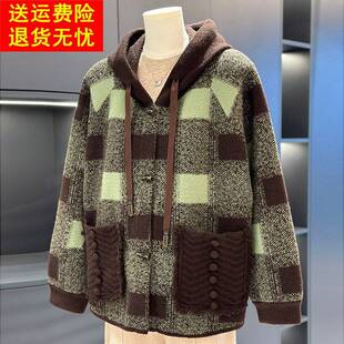 格子外套女春秋新款 胖妈妈装 上衣洋气中老年针织大衣 休闲大码 时尚