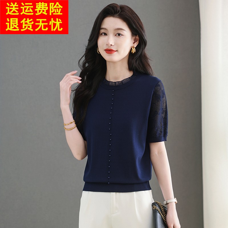 冰丝短袖t恤女士夏季2025新款桑蚕丝蕾丝镂空针织衫高端品牌上衣