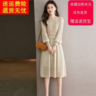 韩版拼接假两件中长款连衣裙春秋新款纯色显瘦打底裙针织蕾丝裙女