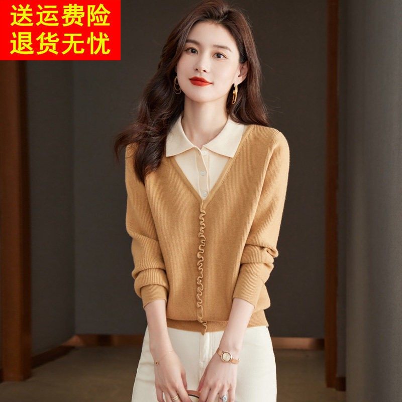 假两件上衣女衬衫领毛衣2024春秋新款爆款时尚洋气翻领针织打底衫