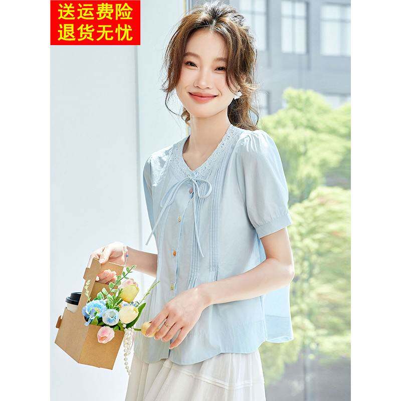 夏季2025新款爆款系带减龄棉短袖衬衫女士设计感小众高端蓝色上衣