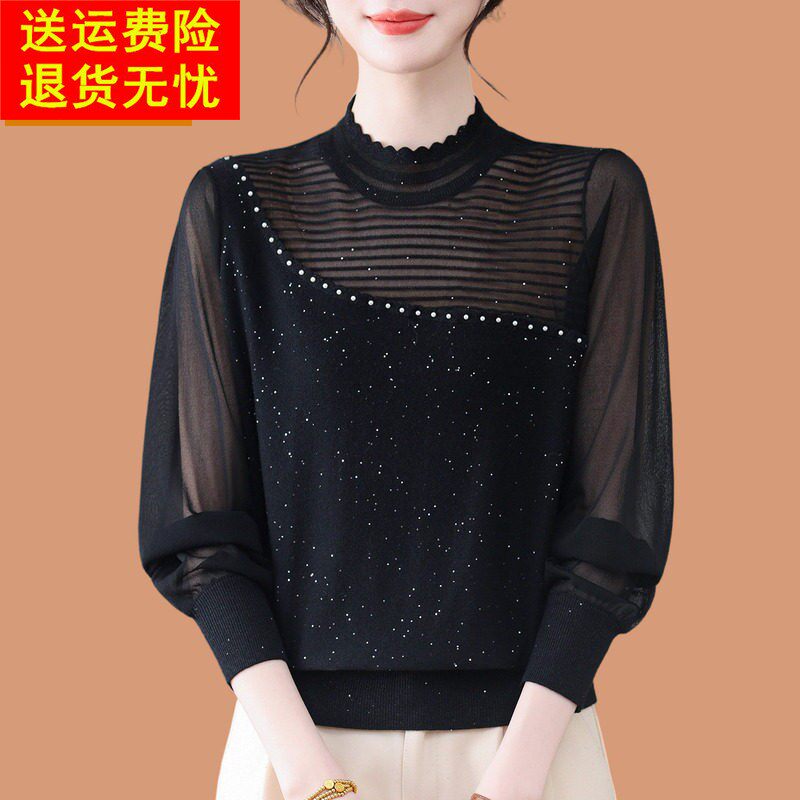 半高领女士打底衫2026年新款春秋洋气爆款高级感蕾丝桑蚕丝针织衫