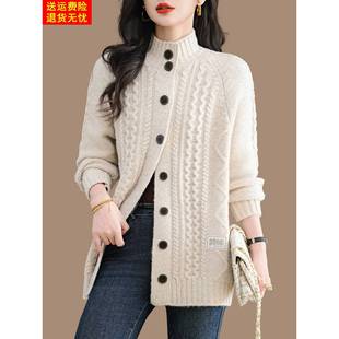 高翻领毛衣外套女秋冬中长款 遮屁股大衣线衣 加厚针织羊毛外搭开衫