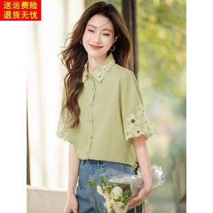 今年流行的漂亮小衫女2025新款夏季洋气减龄宽松纯棉中袖衬衫上衣