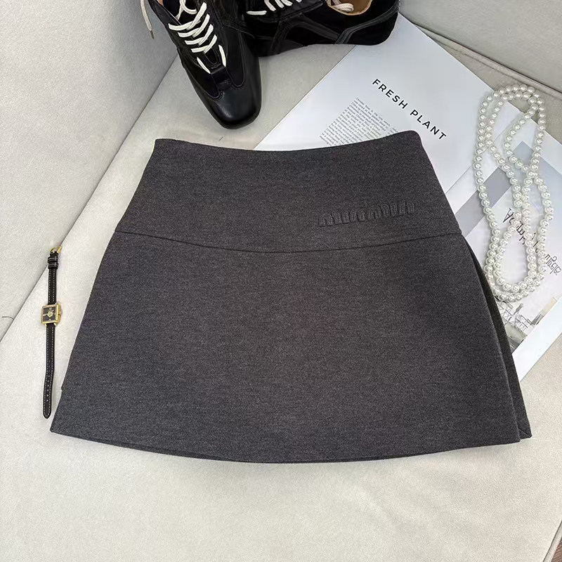 刺绣毛呢A字裤裙冬装2025新款韩版灰色半身裙百搭显瘦字母短裙子