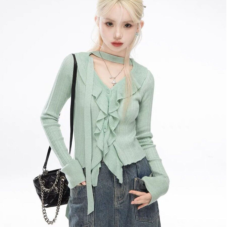 小个子定制 维罗纳绿 独特设计感荷叶边绑带毛织上衣女