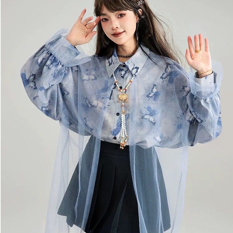 晕染蝴蝶花长袖衬衫女2024秋季气质朦胧轻纱拼接宽松上衣