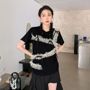 纱纱褶皱花边设计师t恤女2026新款夏短袖设计感小众漂亮上衣女