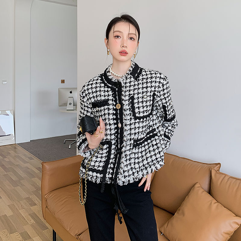 2025年粗花呢格纹外套女秋冬新款小清新法式小众夹克外套