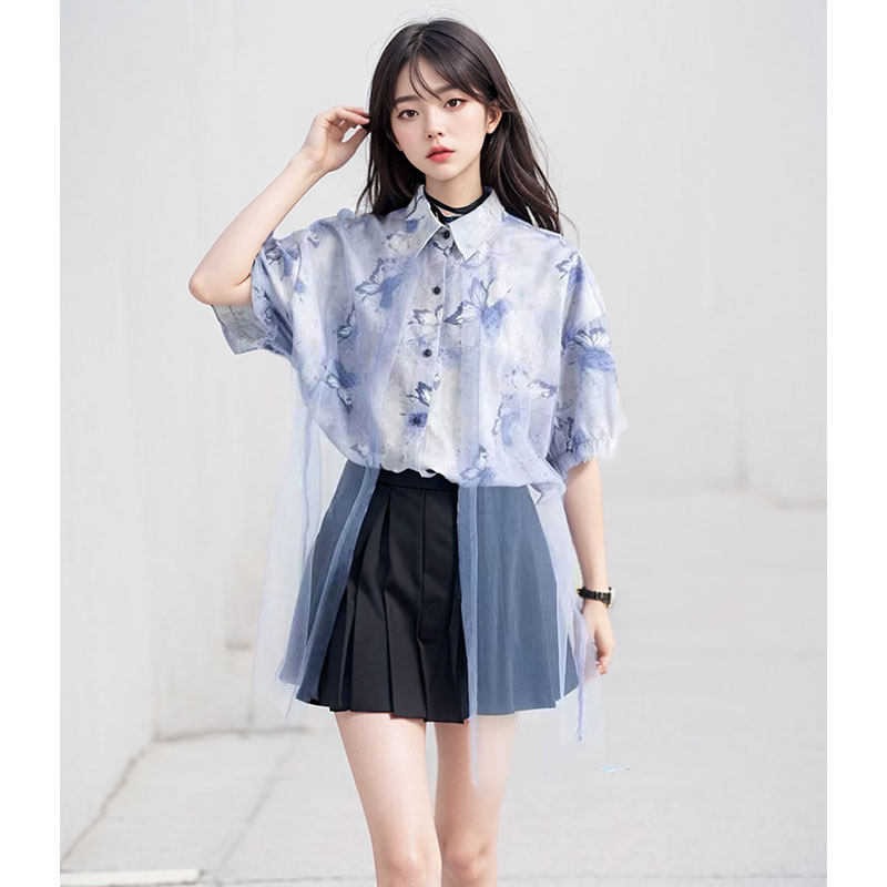 水墨晕染蝴蝶花短袖衬衫女25夏季仙灵轻纱拼接宽松雪纺上衣