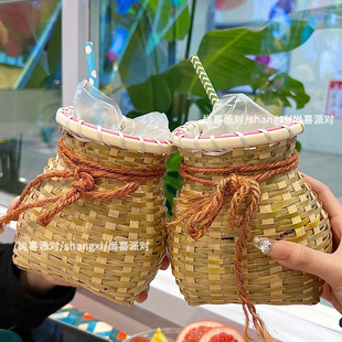 网红酸角汁竹篓饮料杯子手工竹编拍照道具幼儿园采茶背篓装饰鱼胶