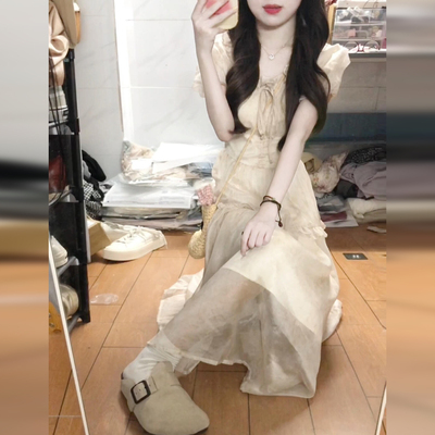 法式连衣裙女2025夏季新款巨好看掐腰长裙夏日独特漂亮绝美小裙子