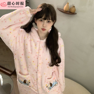 睡袍女款2025新款腊肠狗冬天珊瑚绒女士睡衣加厚法兰绒家居服套装