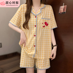 纯棉睡衣女款夏季短袖短裤2025新款甜美可爱格子可外穿家居服套装
