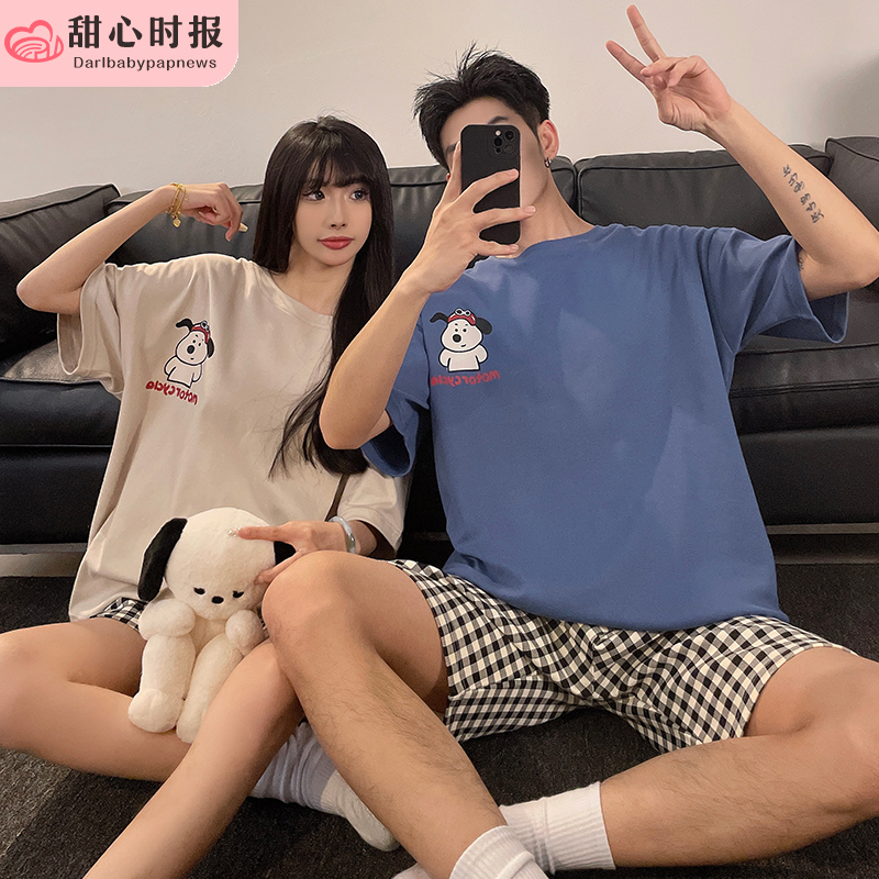情侣睡衣女夏季棉质短袖可爱家居服男士春秋两件套装网红爆款格子
