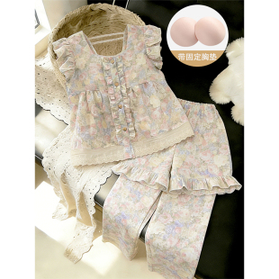 自带带胸垫睡衣女夏季薄款花边云朵棉飞袖花朵少女家居服三件套装