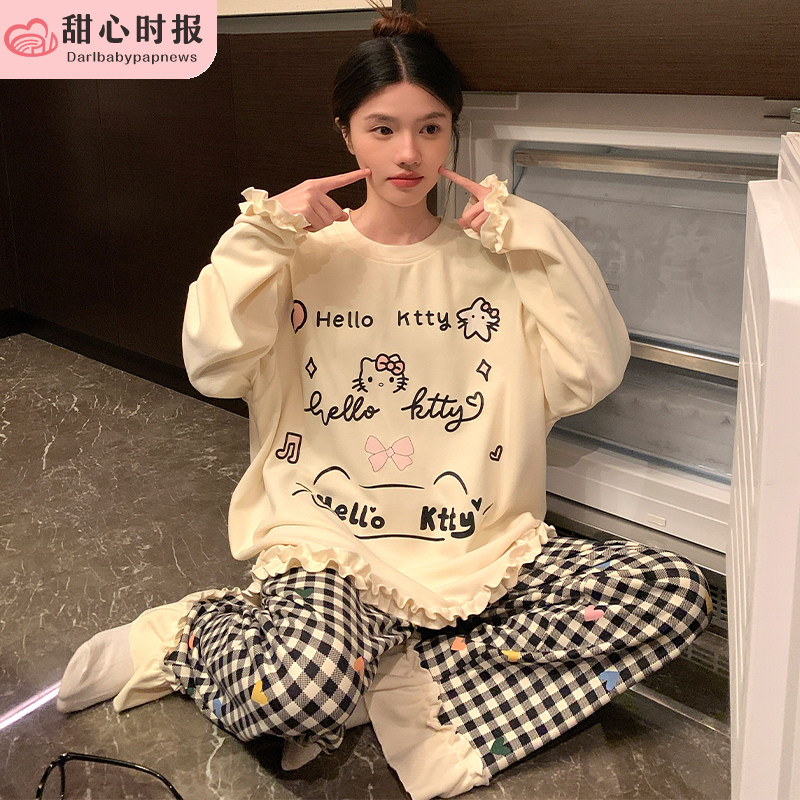 网红可爱KT猫德绒睡衣女秋冬季加厚保暖卡通韩系甜美风家居服套装