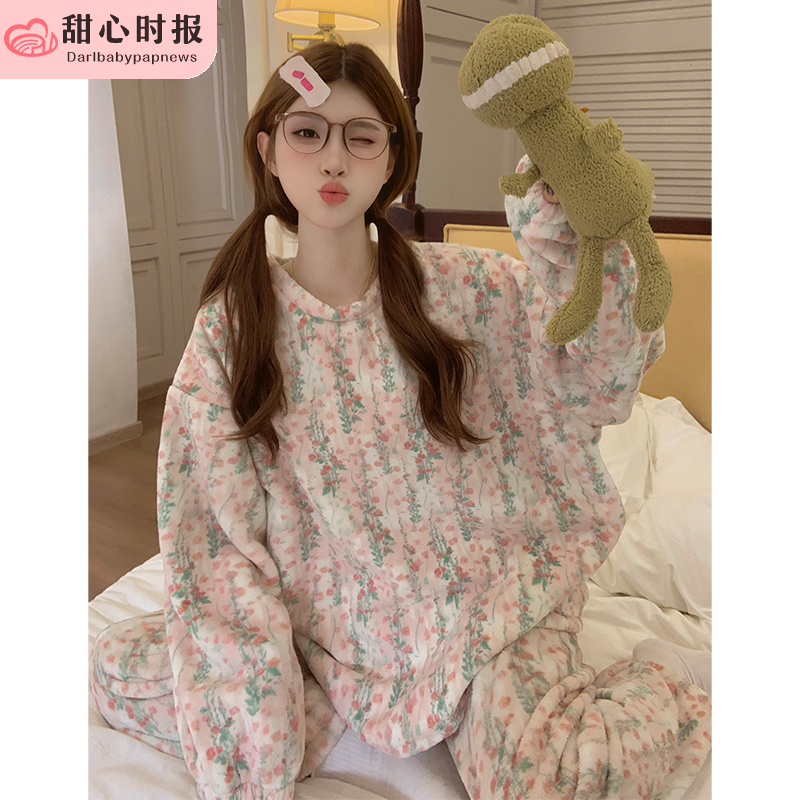 珊瑚绒睡衣女秋冬季加厚加绒保暖