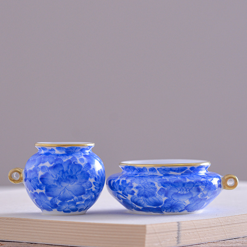 汉缘 景德镇鸟食罐手绘宝石蓝万花绣眼鸟杯 鸟笼配件 竹方笼 鸟罐