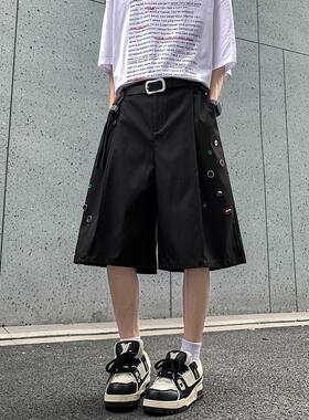 美式嘻哈街头黑色廓形弯刀西装短裤男春夏季轻薄透气休闲5分裤潮