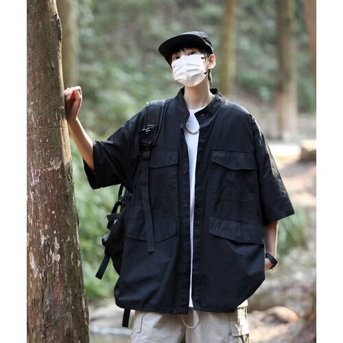 国潮原创ins古着机能工装短袖上衣暗黑丧系宽松黑色t恤衬衫男女款