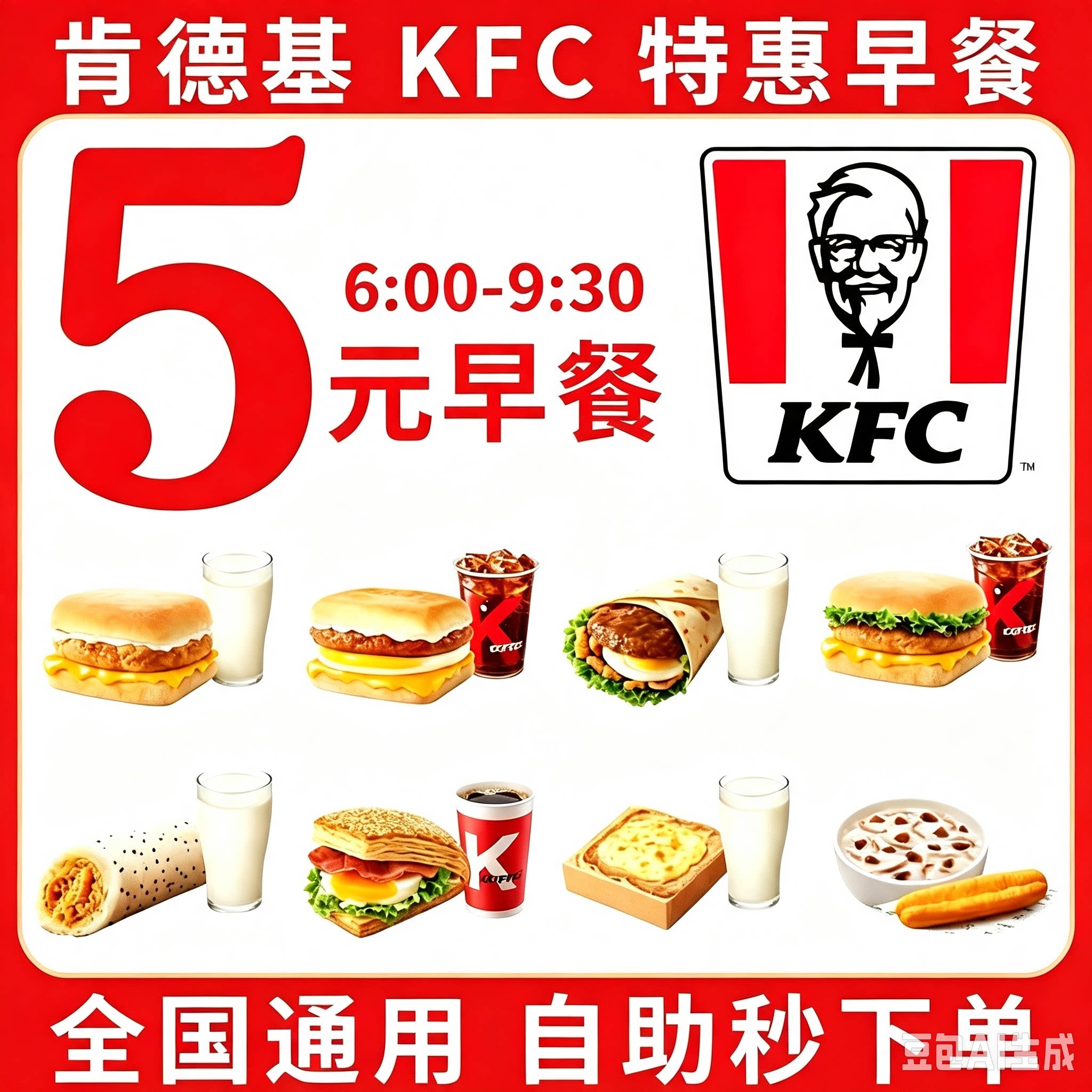 KFC肯德基早餐代下单帕尼尼瘦肉粥豆浆油条咖啡大神卡全国优惠券