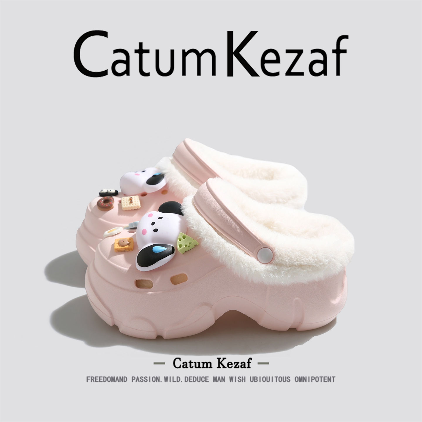 美国CatumKezaf帕恰狗加绒洞洞鞋女冬季保暖厚底外穿毛毛绒棉拖鞋