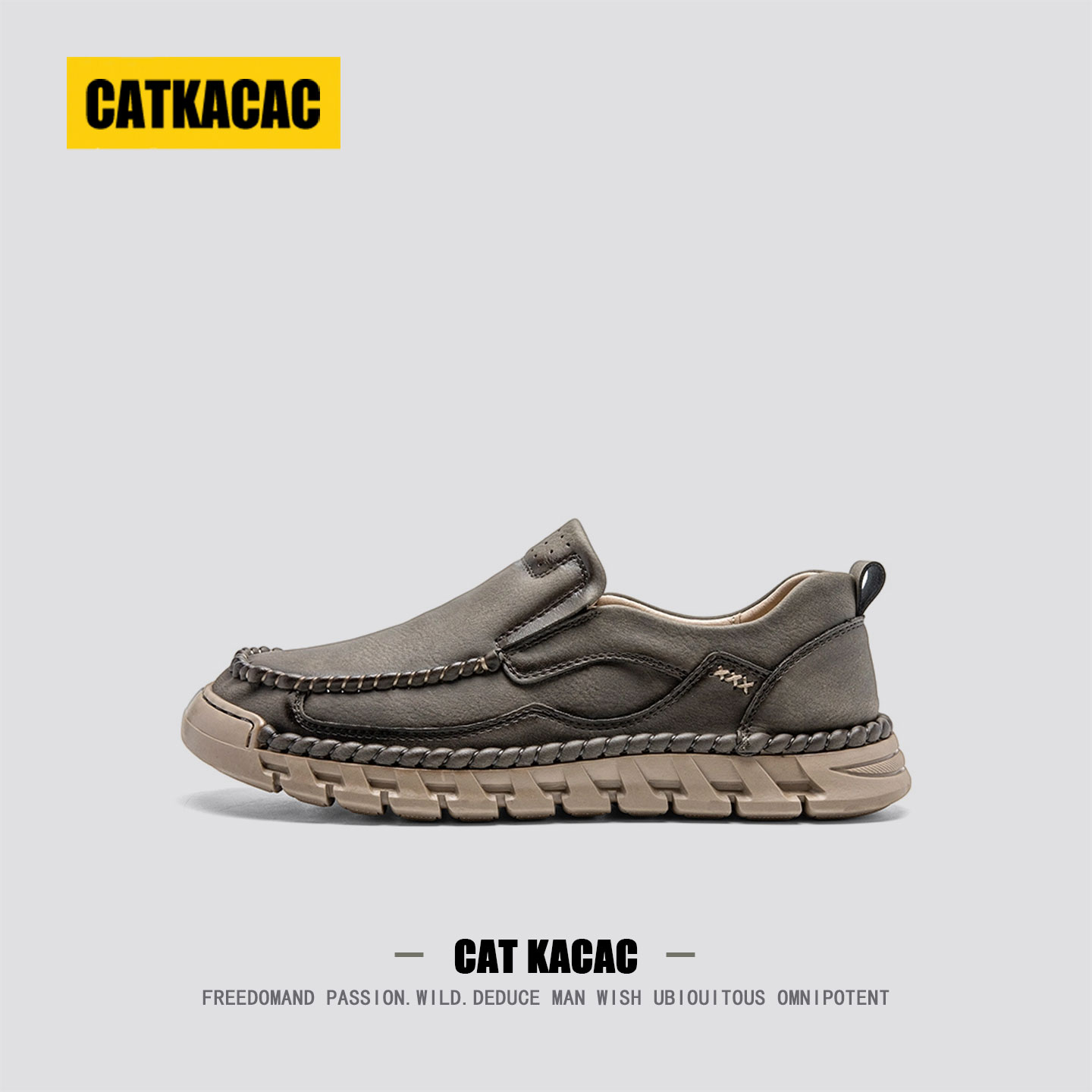 美国CATKACAC休闲皮鞋男款秋季懒人真皮软底大码男士一脚蹬豆豆鞋