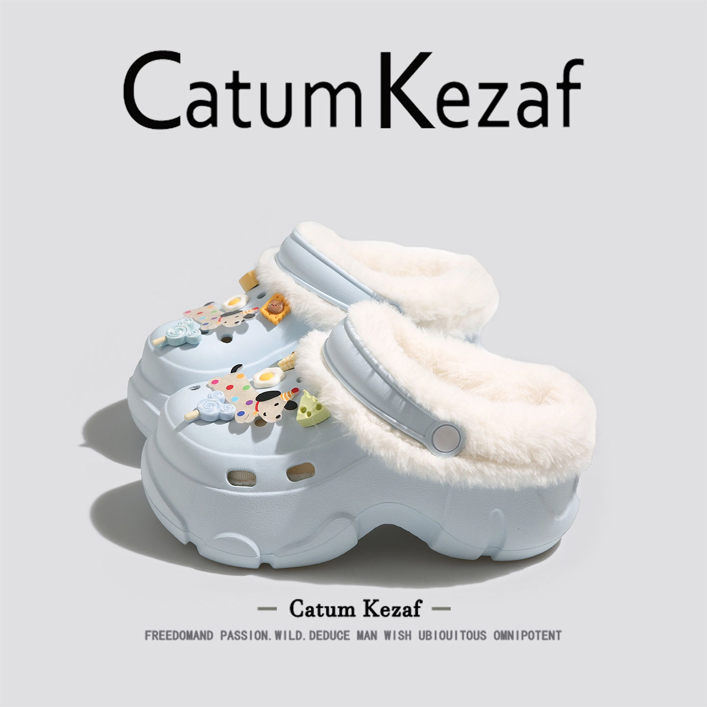 美国CatumKezaf加绒洞洞鞋女款冬季厚底外穿增高保暖毛绒棉拖鞋