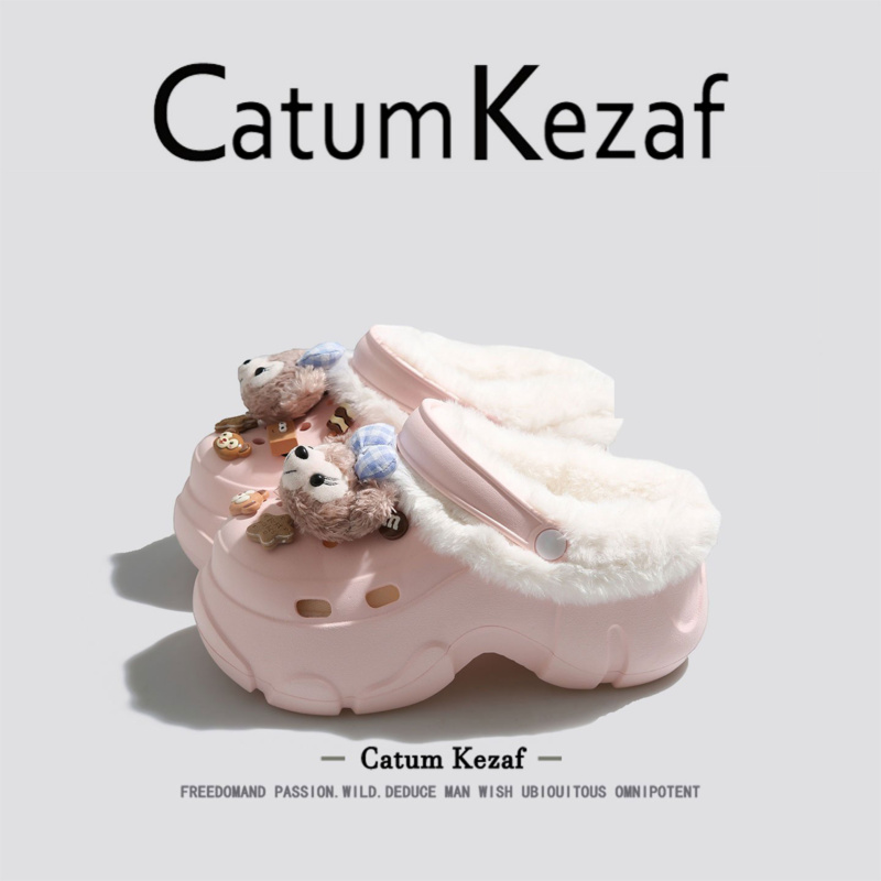 美国CatumKezaf可爱粉加绒棉洞洞鞋女冬季外穿厚底增高毛毛棉拖鞋
