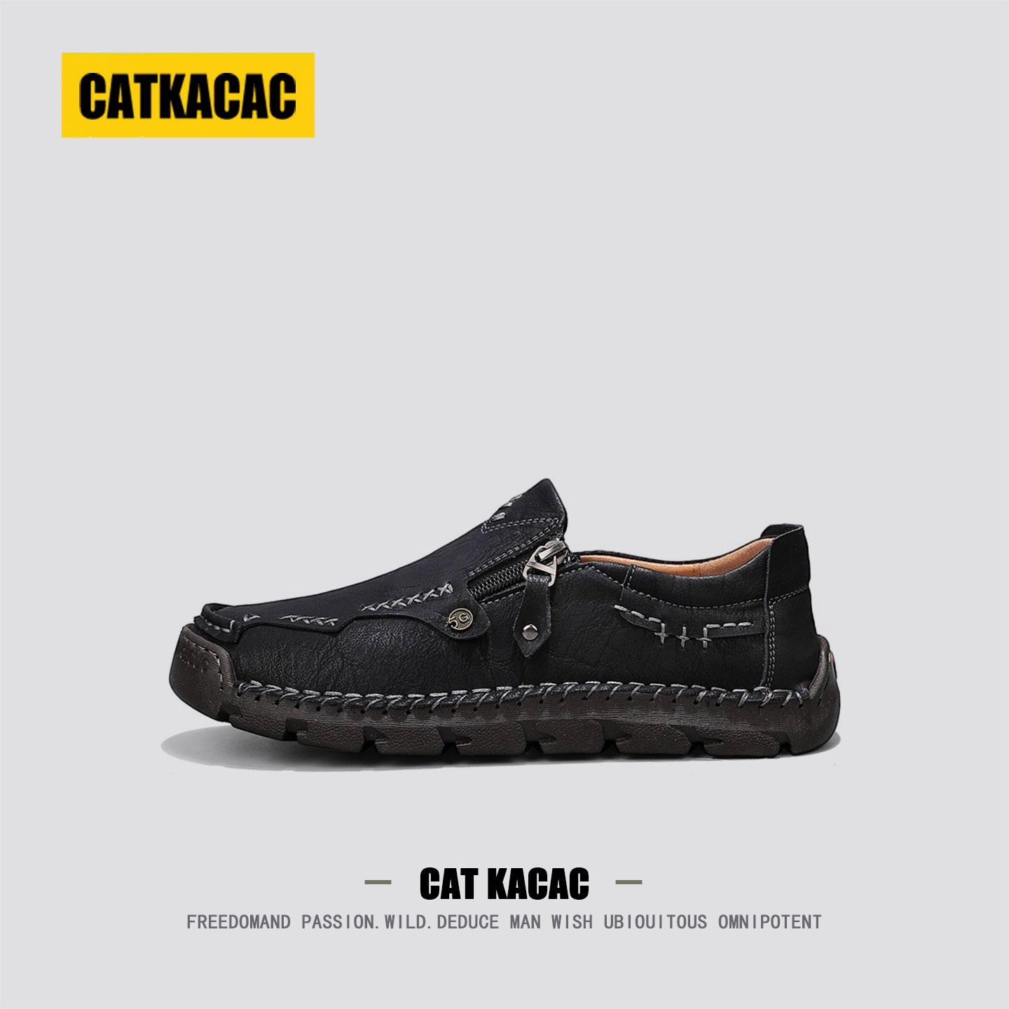 美国CATKACAC一脚蹬休闲皮鞋男款大码爸爸开车男士真皮软底豆豆鞋