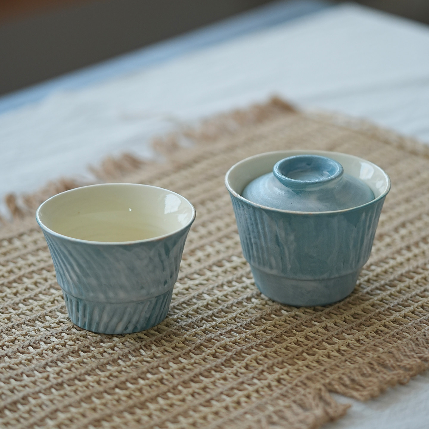旷野原创粉引叠叠乐盖碗蓝色化妆土釉下彩泡茶碗功夫茶具旅行茶具图片