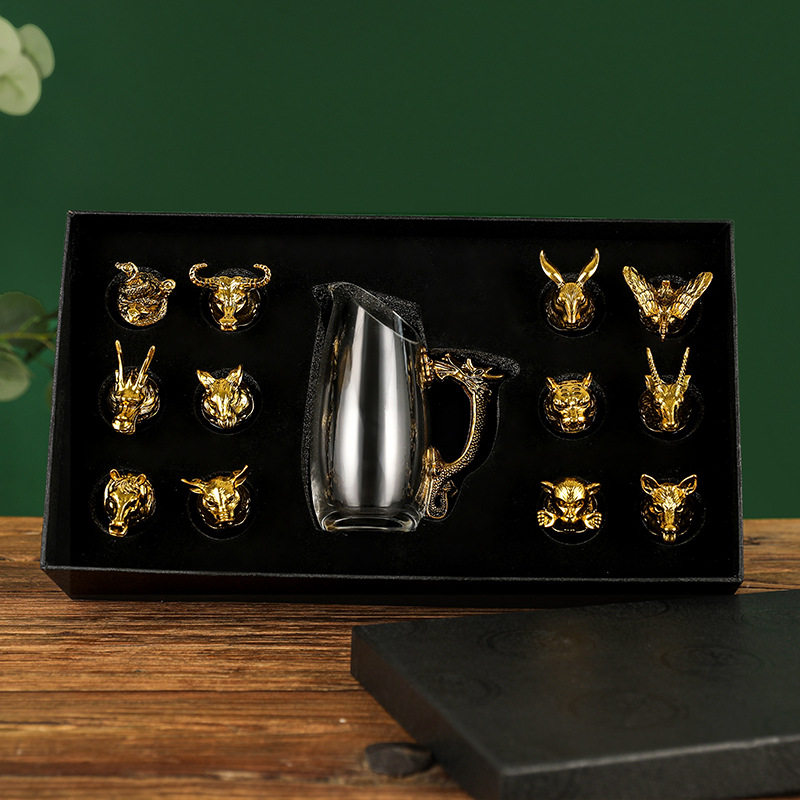 十二生肖白酒杯玻璃珐琅杯分酒器套装小酒杯烈酒杯 中式酒杯 礼盒