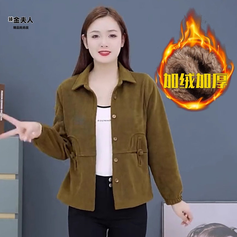 中老年女装灯芯绒外套妈妈秋冬新款条纹夹克中年妇女加绒加厚上衣