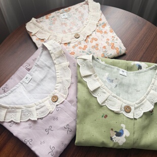 春秋季纯棉双层纱碎花家居服长袖长裤全棉睡衣套装圆领上衣单件