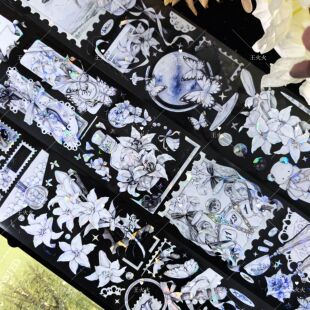 Bobo鱼 百合寄语 灰白色百合轻复古特材咕卡流麻滴胶手帐pet胶带