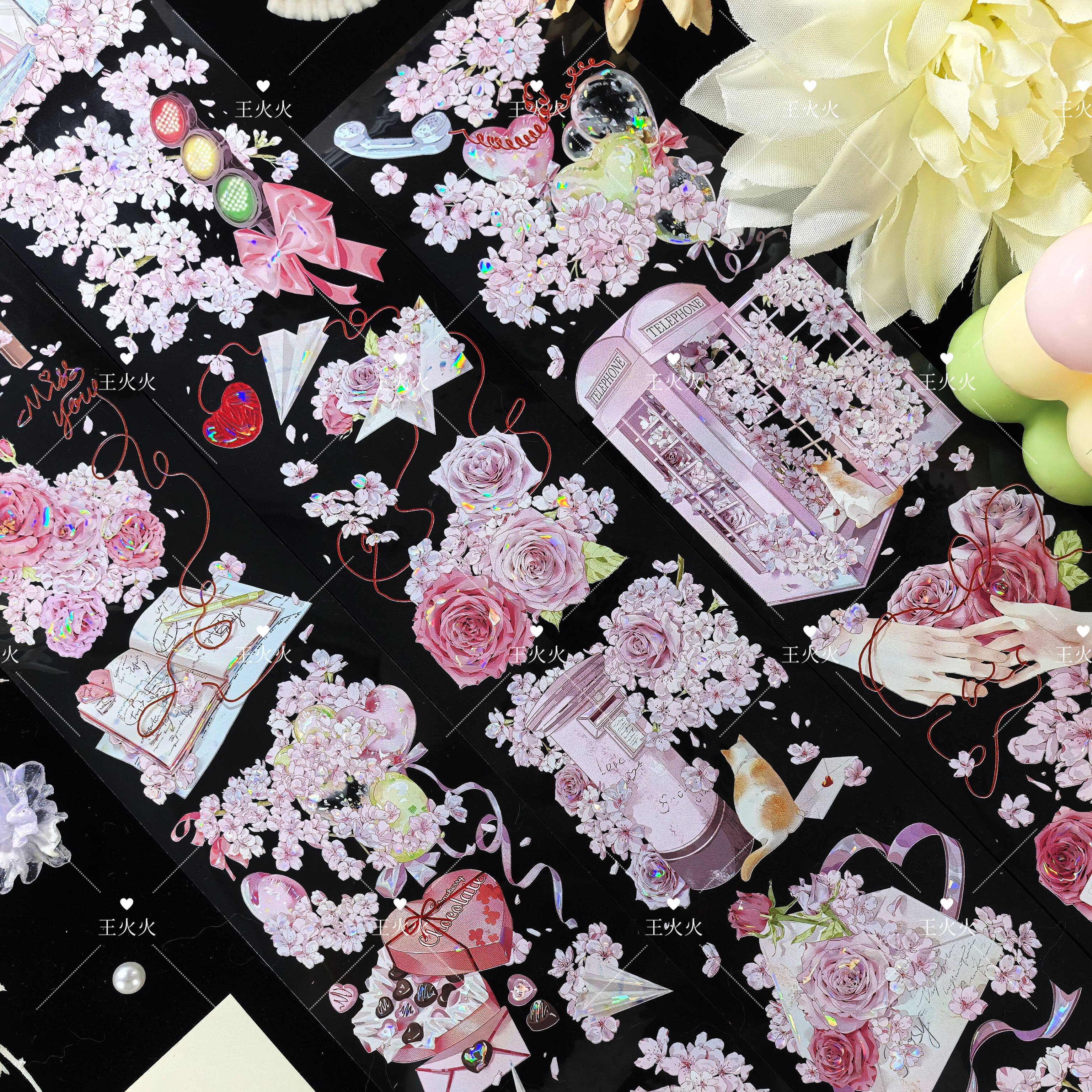 花柒所 心动情书 浪漫粉色樱花咕卡流麻滴胶手帐pet贝壳光胶带