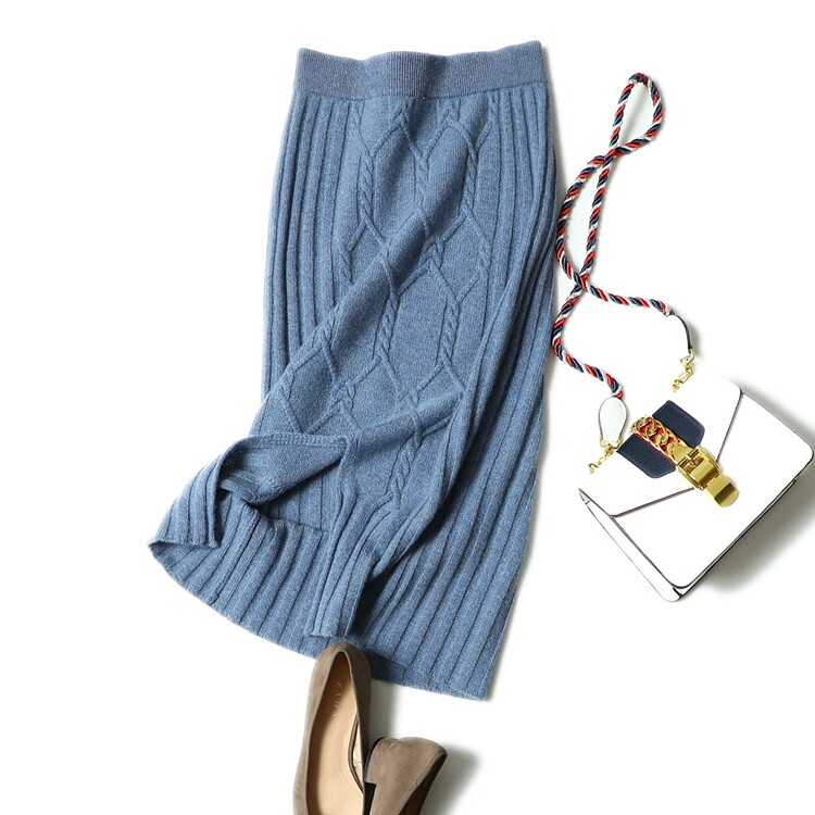 喜羊羊纯羊绒针织半身裙中长包臀紧身开叉一步麻花毛线裙子女秋冬