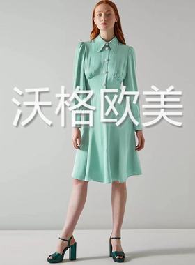 沃格 LKB春夏新款清新浅绿色气质尖领水钻排扣优雅人丝长袖连衣裙