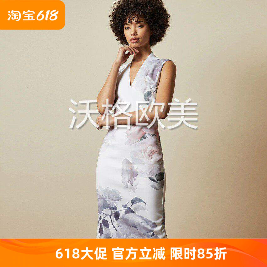 沃格英国TB牌春夏新款素雅晕染大花印花后开衩名媛优雅包臀连衣裙